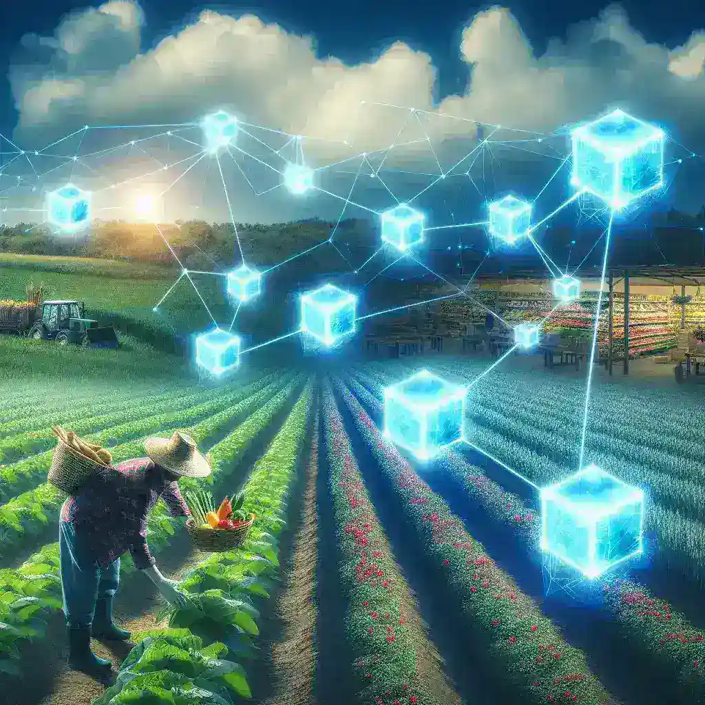 "Ilustrasi implementasi teknologi blockchain dalam pelacakan produk makanan untuk meningkatkan keamanan pangan dan transparansi rantai pasokan."