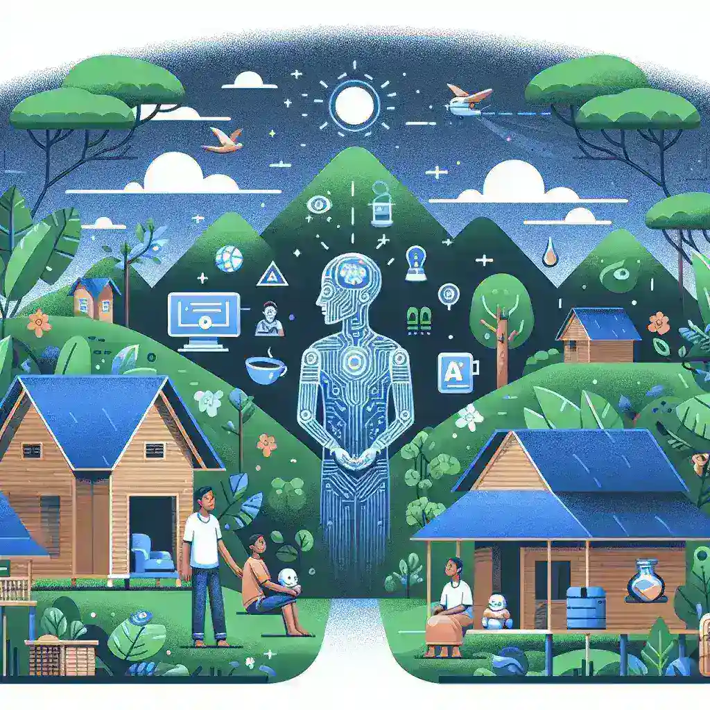 "Ilustrasi penggunaan teknologi AI untuk meningkatkan layanan kesehatan mental di daerah terpencil Indonesia, menampilkan aksesibilitas, dukungan kesehatan, dan inovasi digital."